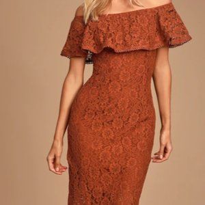Lulu's Lanie Rust Orange Lace Off-The-Shoulder Bodycon Midi Dress - XS
